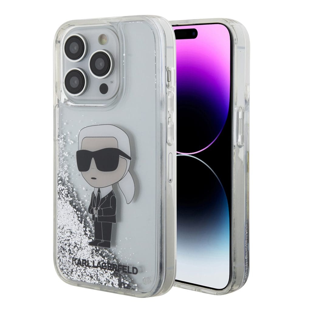 Karl Lagerfeld Liquid Glitter Karl Head Silver Kryt iPhone 15 Pro