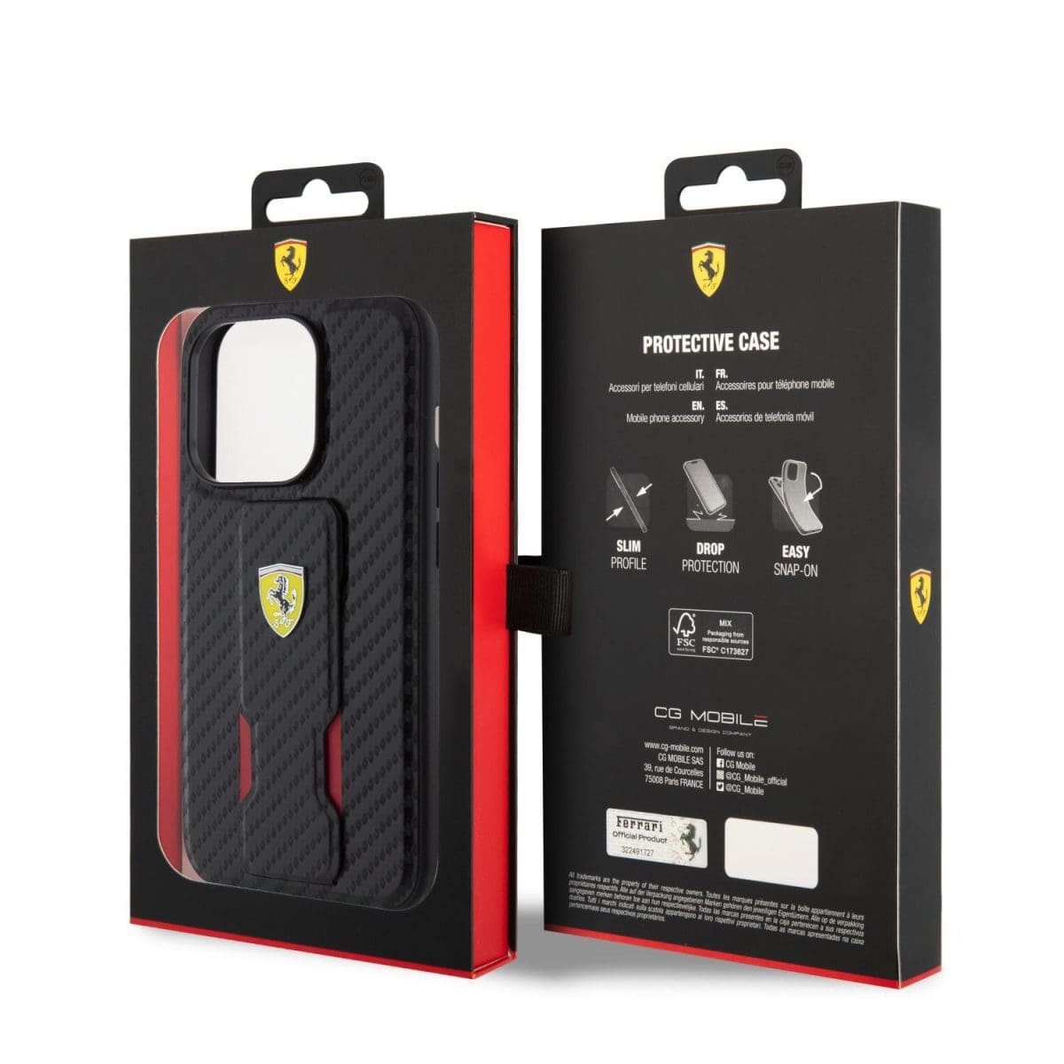 Ferrari Carbon Grip Stand Black Kryt iPhone 15 Pro Max