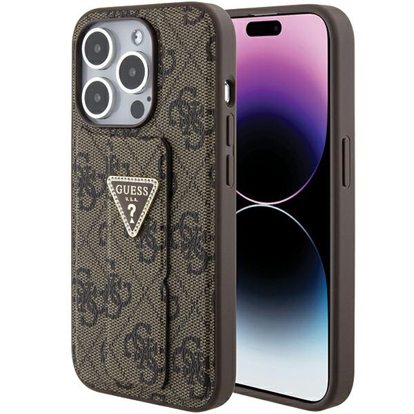 Guess GUHCP15LPGS4TDW Brown Hardcase Grip Stand 4G Triangle Strass Kryt iPhone 15 Pro