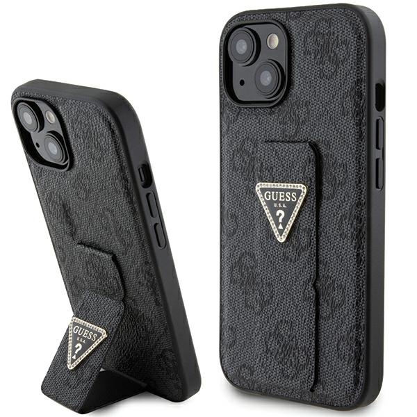 Guess GUHCP15SPGS4TDK Black Hardcase Grip Stand 4G Triangle Strass Kryt iPhone 15