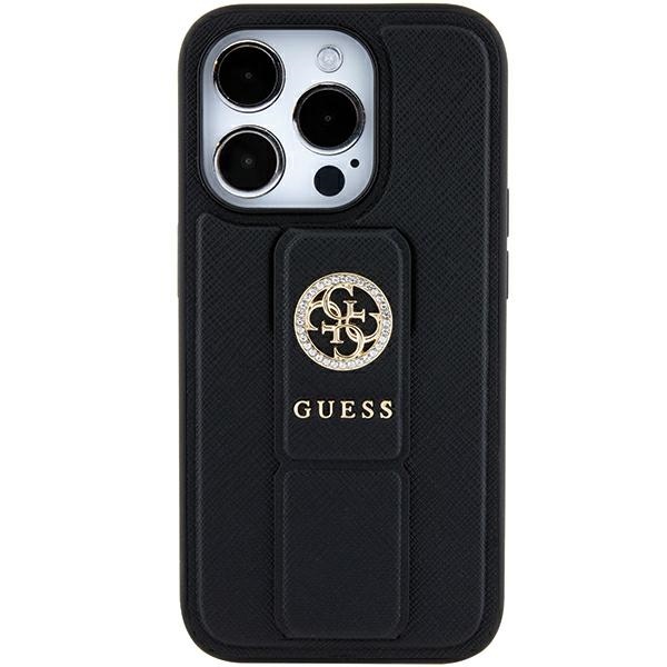 Guess GUHCP15SPGSSADK Black Hardcase Grip Stand 4G Saffiano Strass Kryt iPhone 15