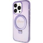 Guess GUHMP15LHRSGSU Purple Hardcase Ring Stand Script Glitter MagSafe Kryt iPhone 15 Pro