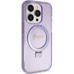 Guess GUHMP15LHRSGSU Purple Hardcase Ring Stand Script Glitter MagSafe Kryt iPhone 15 Pro