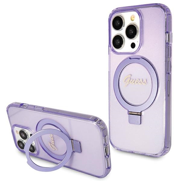 Guess GUHMP15LHRSGSU Purple Hardcase Ring Stand Script Glitter MagSafe Kryt iPhone 15 Pro