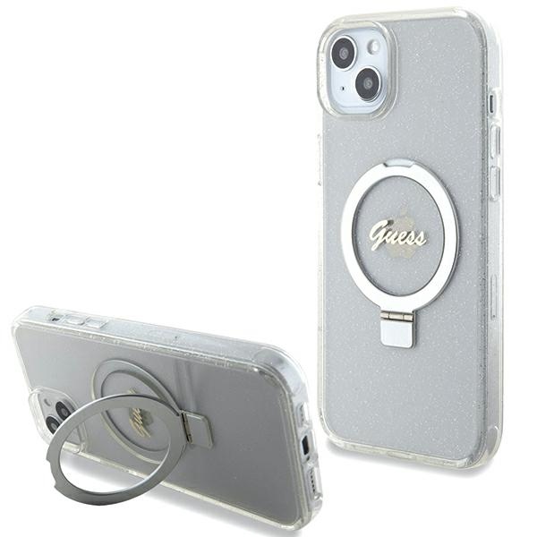 Guess GUHMP15MHRSGSD Transparent Hardcase Ring Stand Script Glitter MagSafe Kryt iPhone 15 Plus