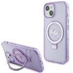 Guess GUHMP15SHRSGSU Purple Hardcase Ring Stand Script Glitter MagSafe Kryt iPhone 15