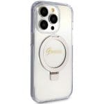 Guess GUHMP15XHRSGSD Transparent Hardcase Ring Stand Script Glitter MagSafe Kryt iPhone 15 Pro Max