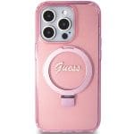 Guess GUHMP15XHRSGSP Pink Hardcase Ring Stand Script Glitter MagSafe Kryt iPhone 15 Pro Max