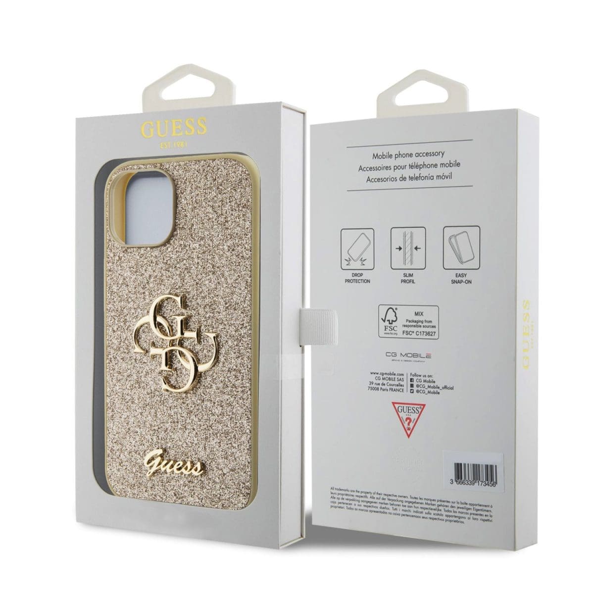 Guess PU Fixed Glitter 4G Metal Logo Gold Kryt iPhone 13