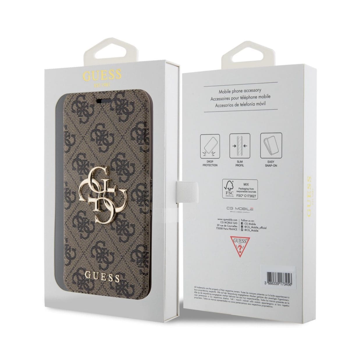 Guess PU Leather 4G Metal Logo Book Brown Kryt iPhone 15 Pro
