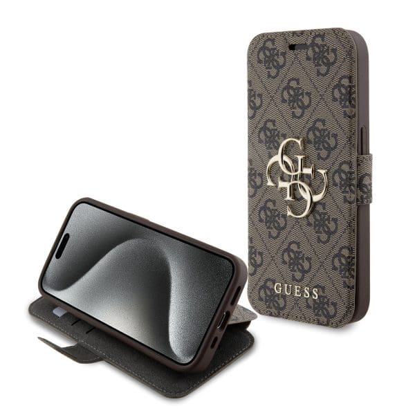 Guess PU Leather 4G Metal Logo Book Brown Kryt iPhone 15 Pro Max
