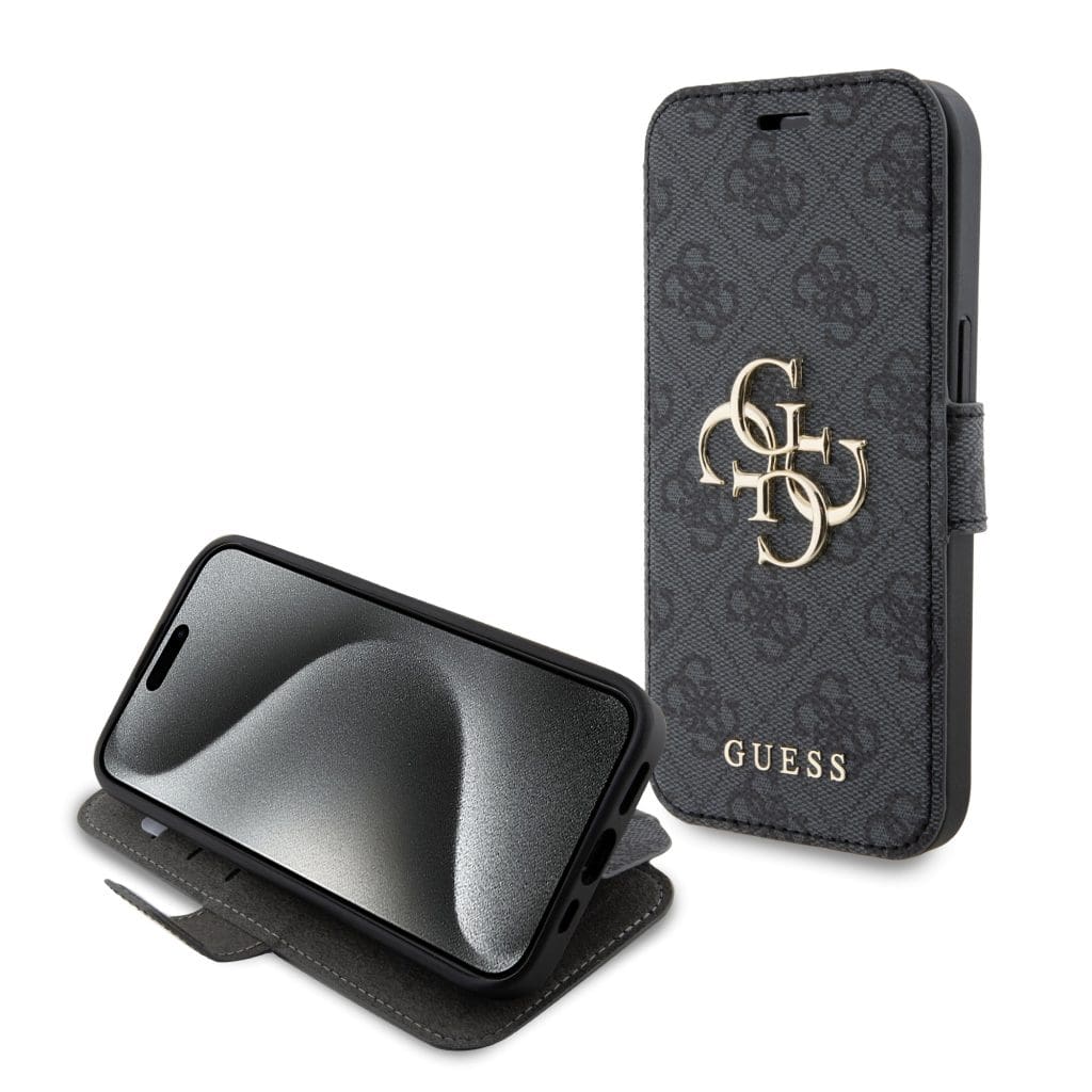 Guess PU Leather 4G Metal Logo Book Grey Kryt iPhone 15