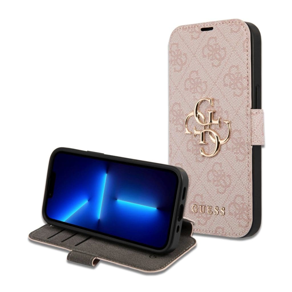 Guess PU Leather 4G Metal Logo Book Pink Kryt iPhone 15 Pro