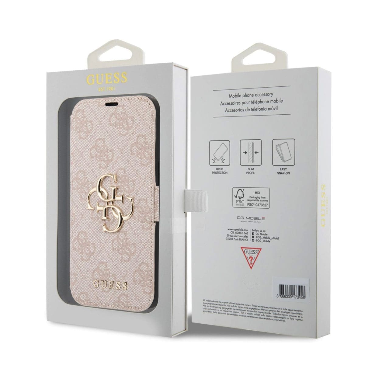Guess PU Leather 4G Metal Logo Book Pink Kryt iPhone 15 Pro