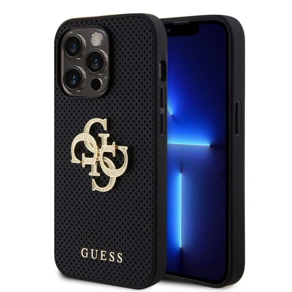 Guess PU Perforated 4G Glitter Metal Logo Black Kryt iPhone 14 Pro