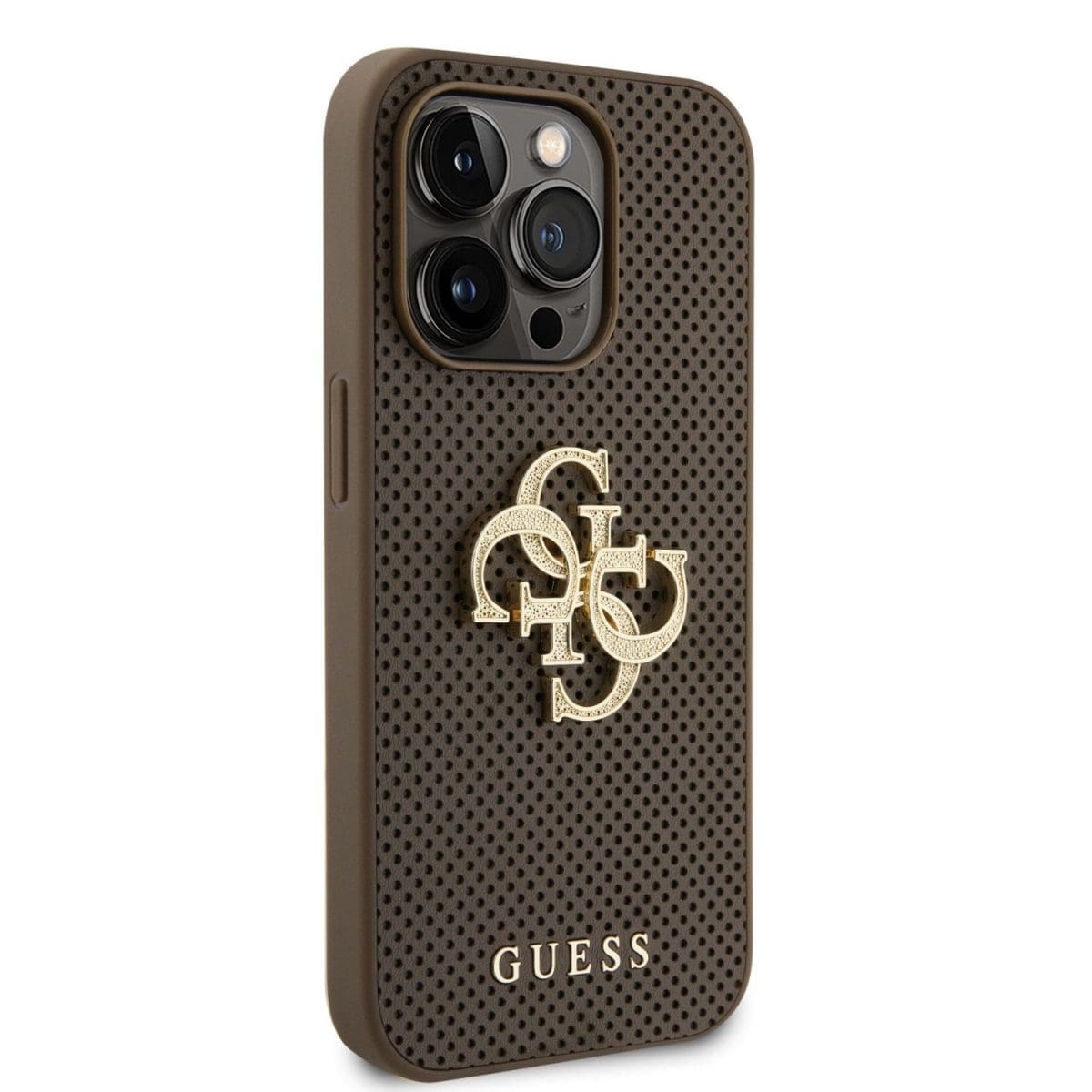 Guess PU Perforated 4G Glitter Metal Logo Taupe Kryt iPhone 15 Pro