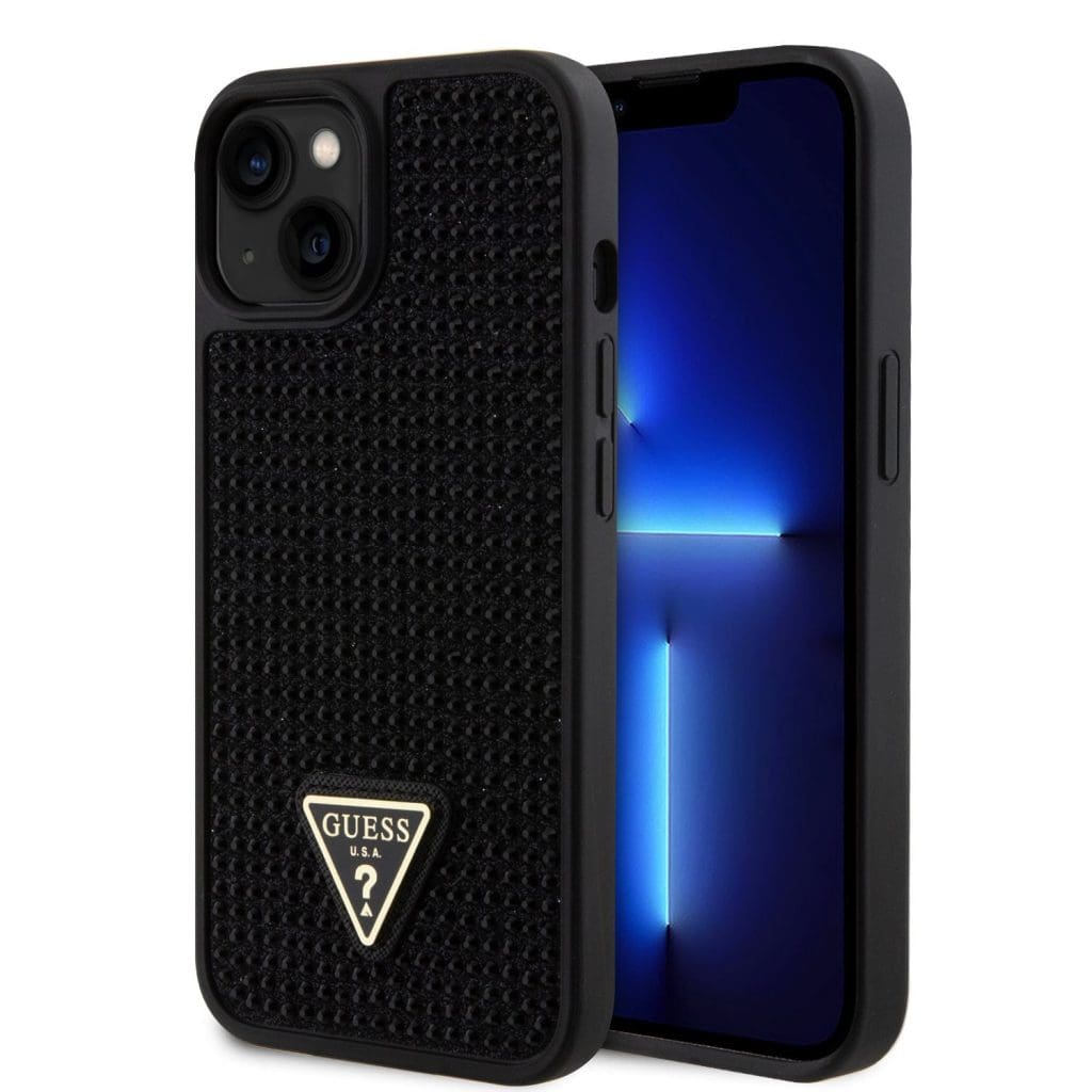 Guess Rhinestones Triangle Metal Logo Black Kryt iPhone 15