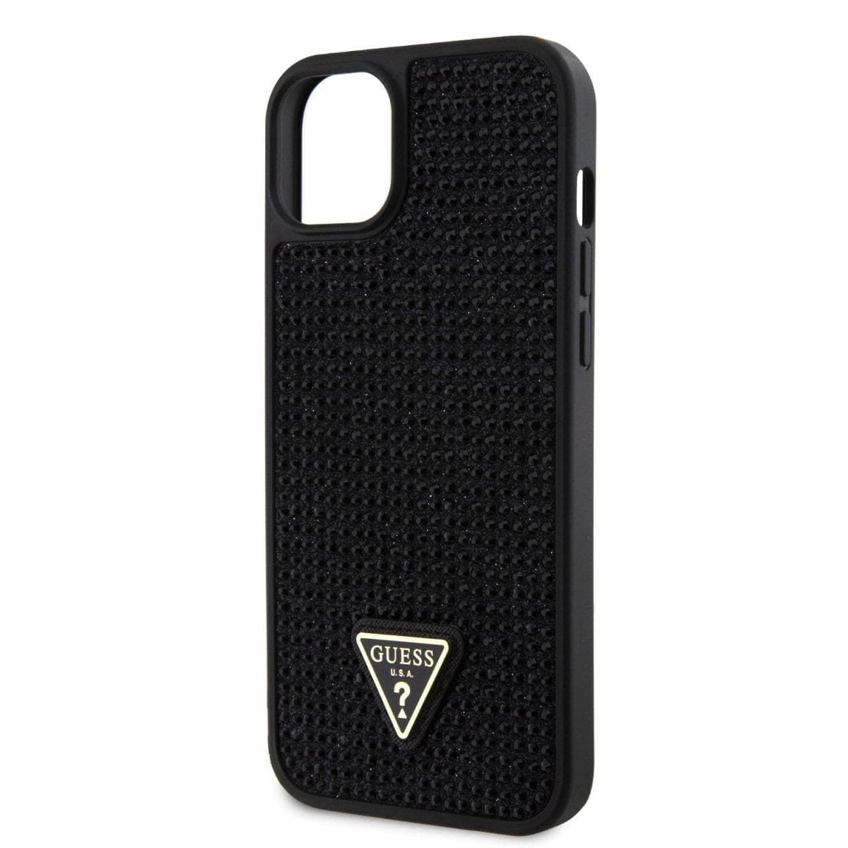 Guess Rhinestones Triangle Metal Logo Black Kryt iPhone 15 Plus