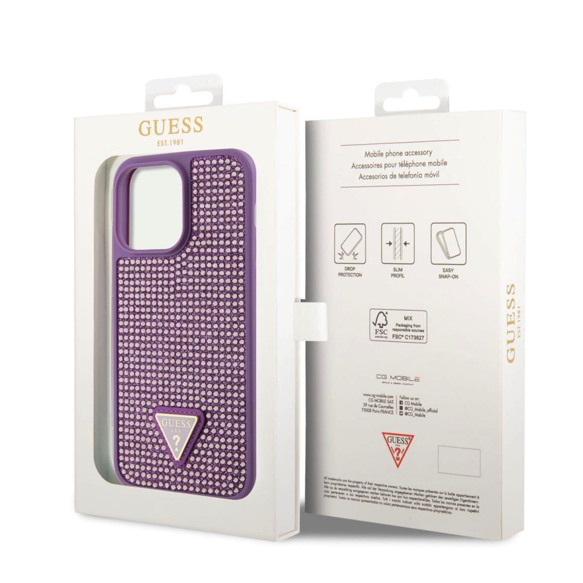 Guess Rhinestones Triangle Metal Logo Purple Kryt iPhone 15 Pro Max