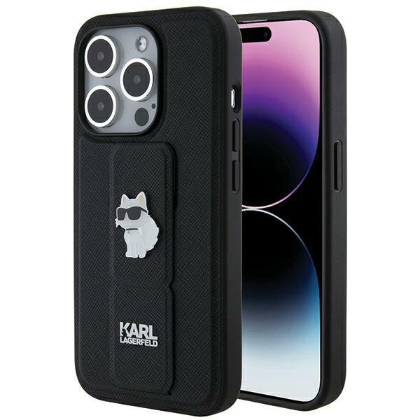 Karl Lagerfeld KLHCP14XGSACHPK Black Hardcase Gripstand Saffiano Choupette Pins Kryt iPhone 14 Pro Max