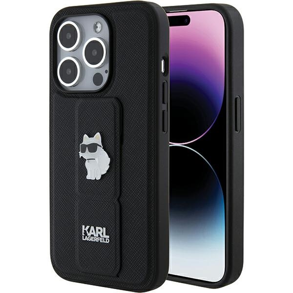 Karl Lagerfeld KLHCP15XGSACHPK Black Hardcase Gripstand Saffiano Choupette Pins Kryt iPhone 15 Pro Max