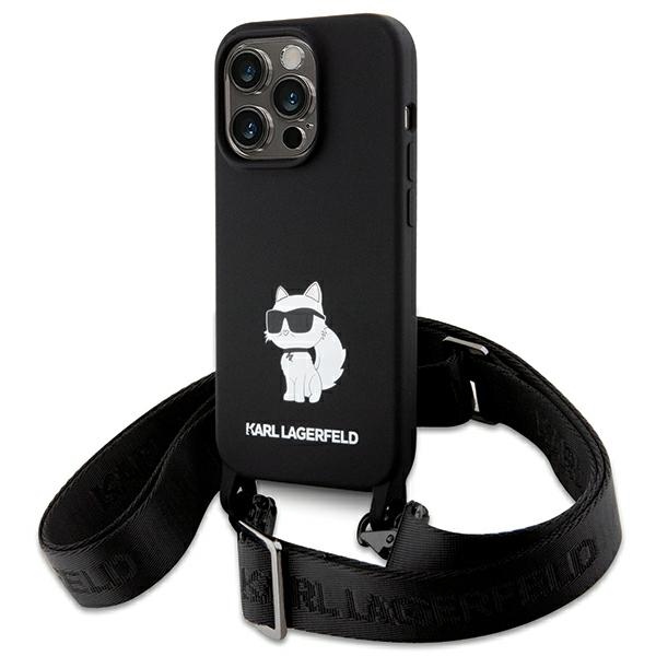 Karl Lagerfeld KLHCP15XSCBSCNK Hardcase Black Crossbody Silicone Choupette Kryt iPhone 15 Pro Max