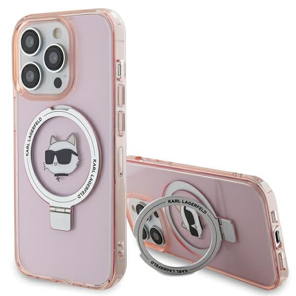 Karl Lagerfeld KLHMP15LHMRSCHP Pink Hardcase Ring Stand Choupette Head MagSafe Kryt iPhone 15 Pro