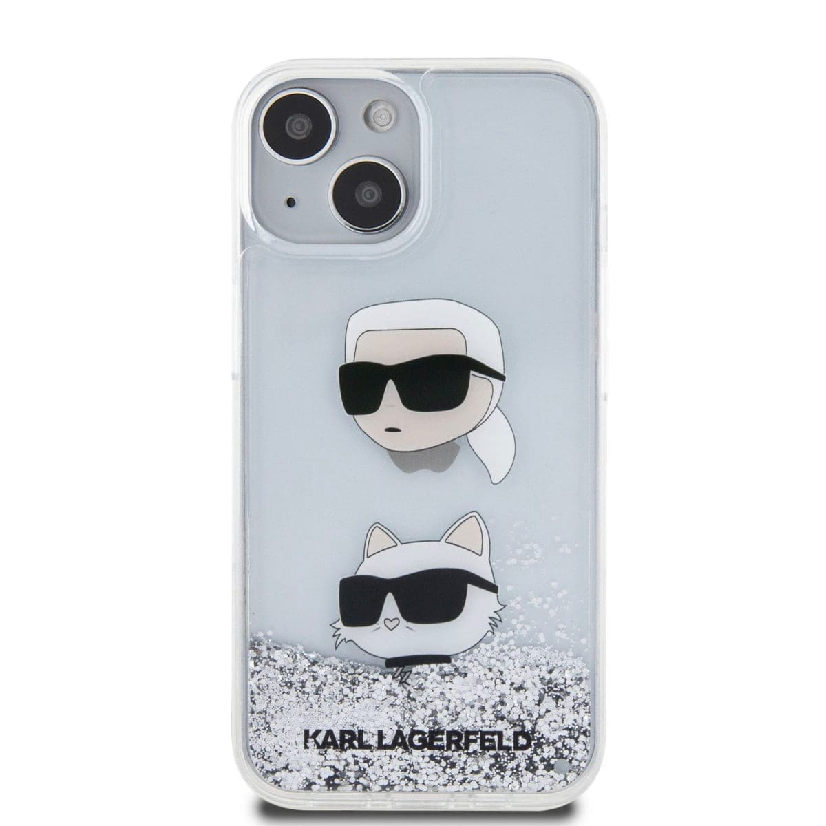Karl Lagerfeld Liquid Glitter Karl and Choupette Head Silver Kryt iPhone 15