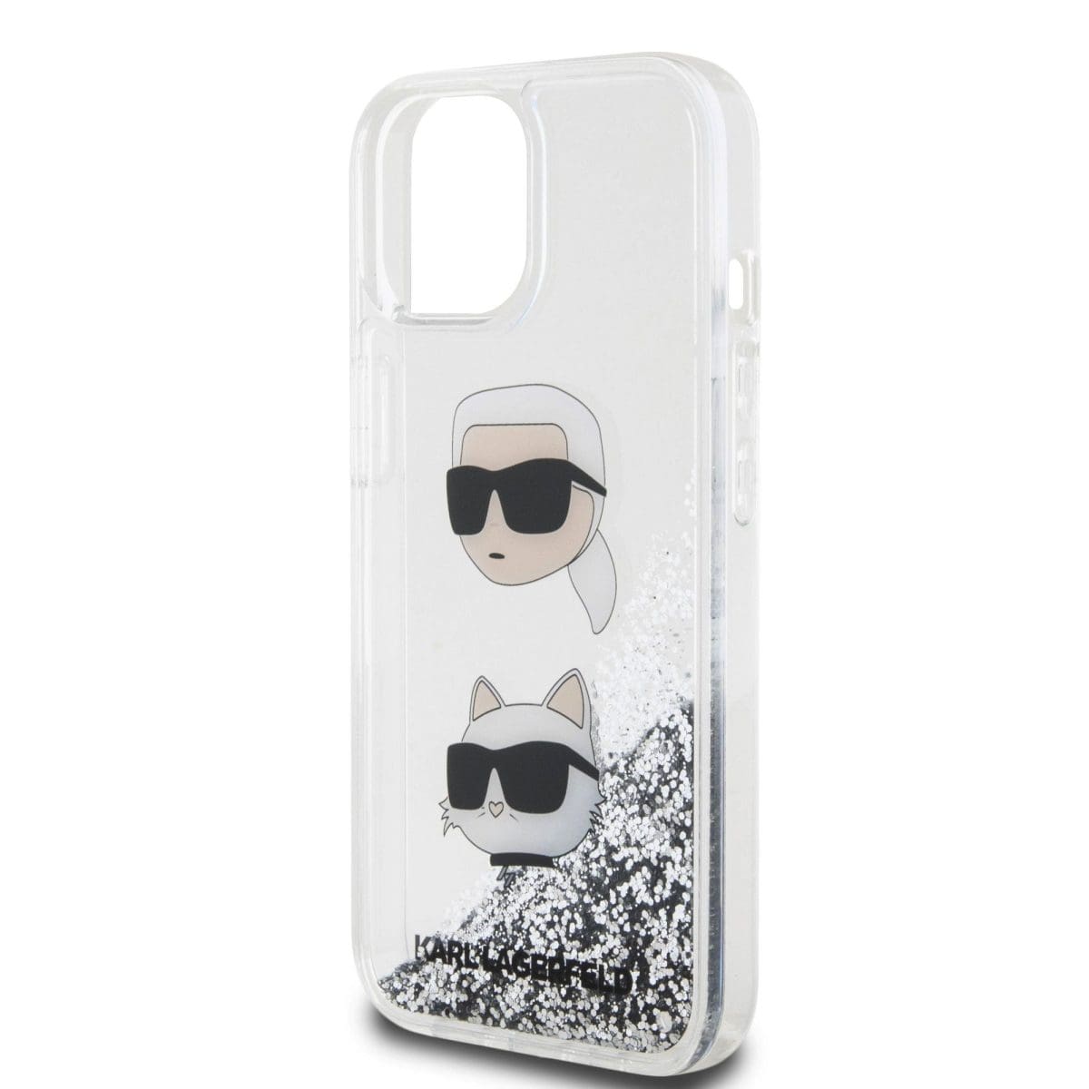 Karl Lagerfeld Liquid Glitter Karl and Choupette Head Silver Kryt iPhone 15