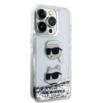 Karl Lagerfeld Liquid Glitter Karl and Choupette Head Silver Kryt iPhone 15 Pro