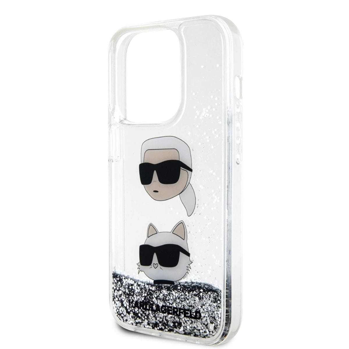 Karl Lagerfeld Liquid Glitter Karl and Choupette Head Silver Kryt iPhone 15 Pro