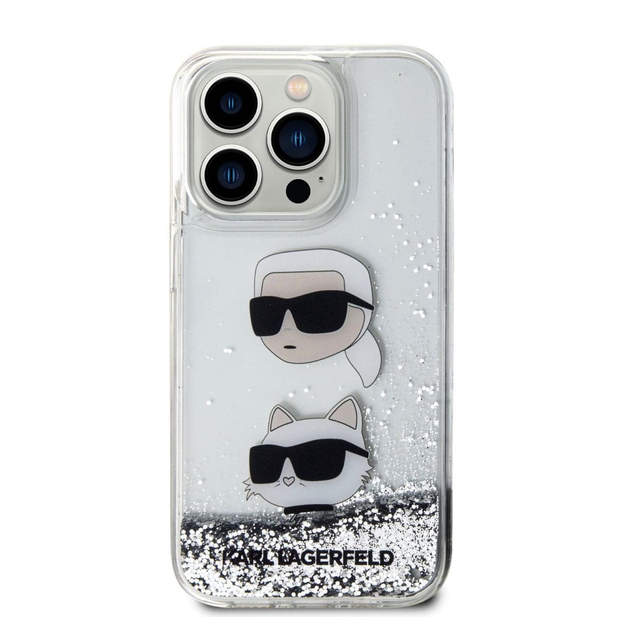 Karl Lagerfeld Liquid Glitter Karl and Choupette Head Silver Kryt iPhone 15 Pro Max