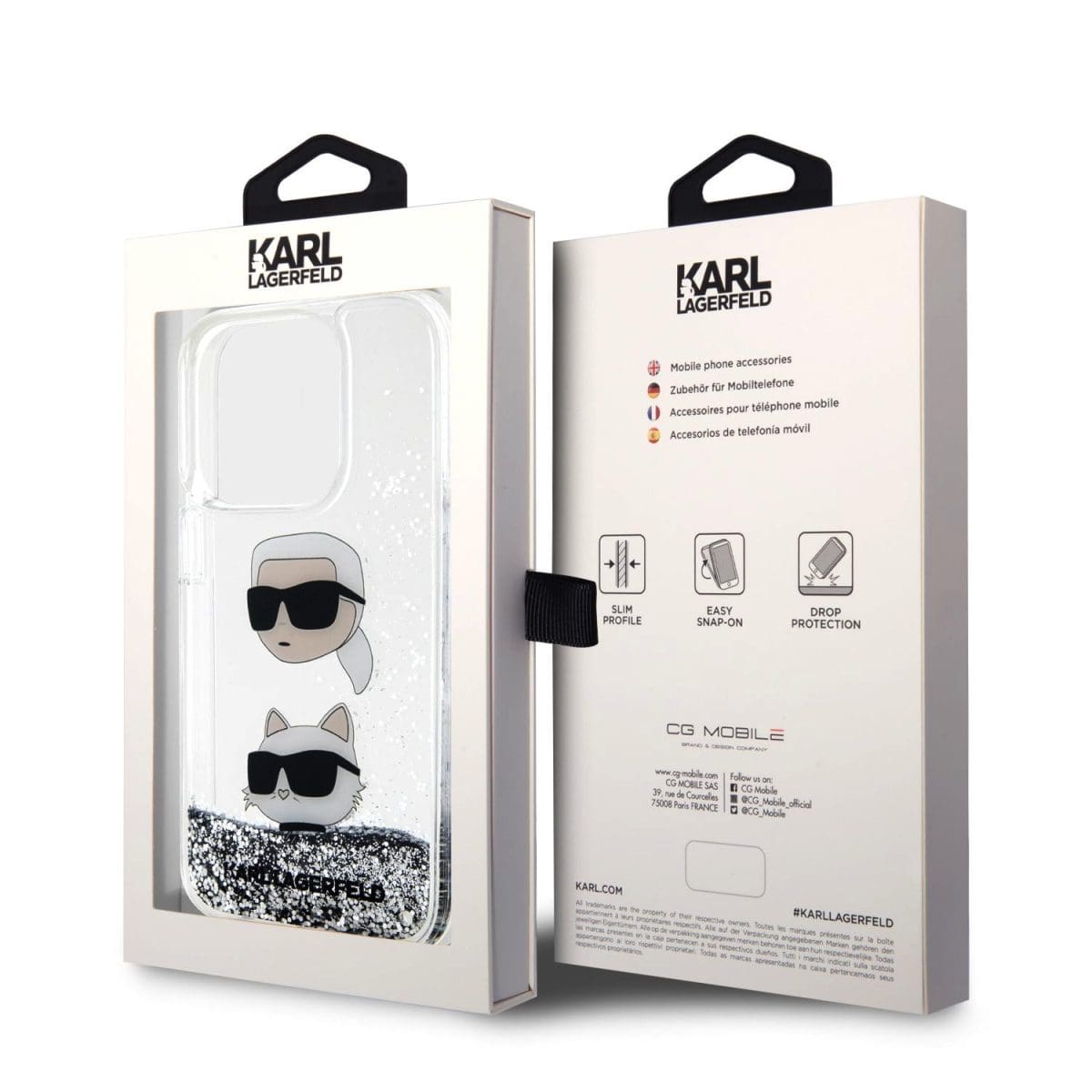 Karl Lagerfeld Liquid Glitter Karl and Choupette Head Silver Kryt iPhone 15 Pro Max