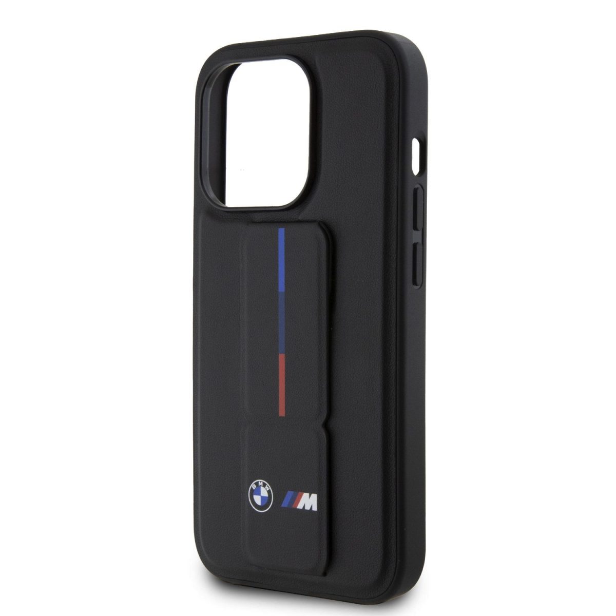 BMW M Collection PU Grip Stand Tricolor Line Black Kryt iPhone 15 Pro Max