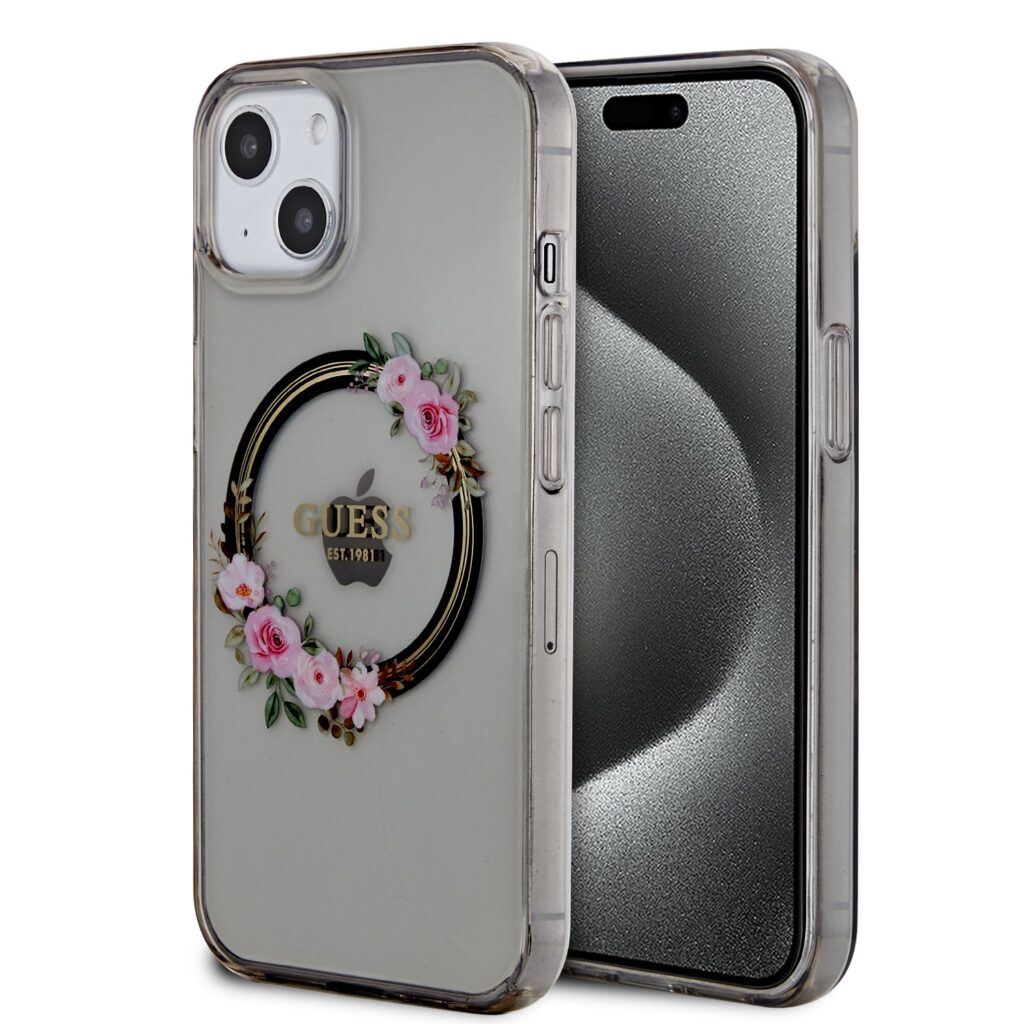 Guess PC/TPU Flowers Ring Glossy Logo MagSafe Black Kryt iPhone 13