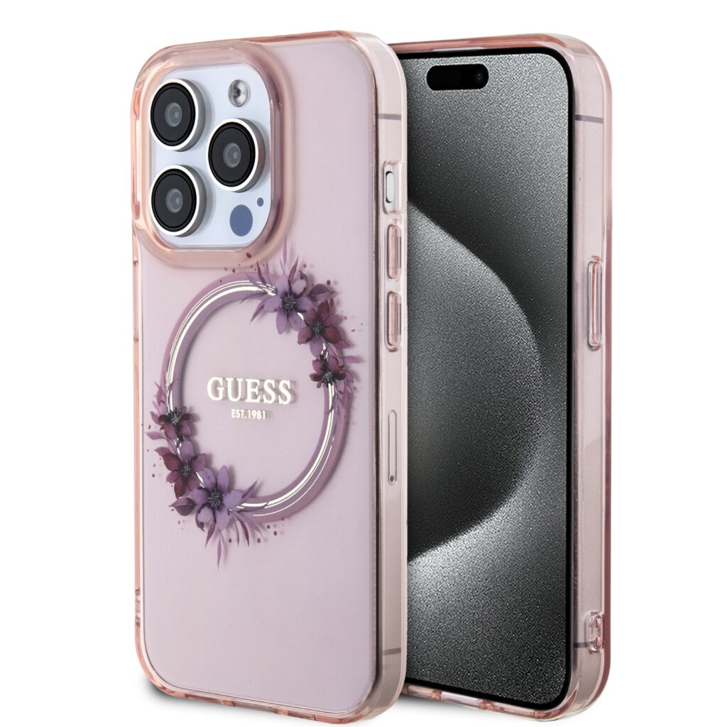 Guess PC/TPU Flowers Ring Glossy Logo MagSafe Pink Kryt iPhone 15 Pro