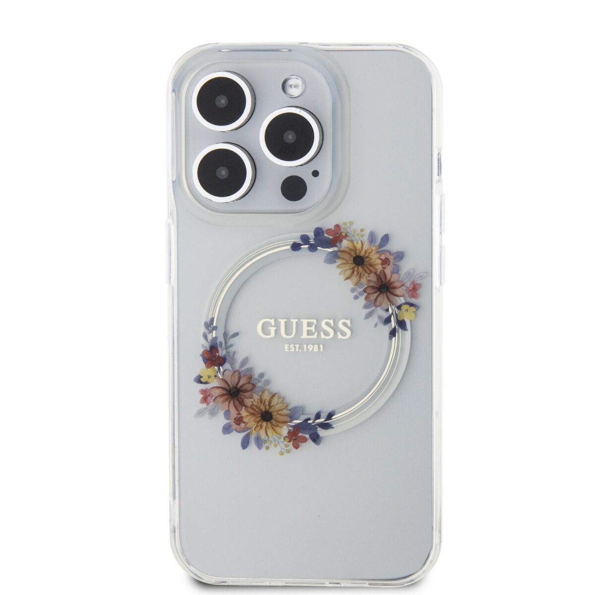 Guess PC/TPU Flowers Ring Glossy Logo MagSafe Transparent Kryt iPhone 13 Pro
