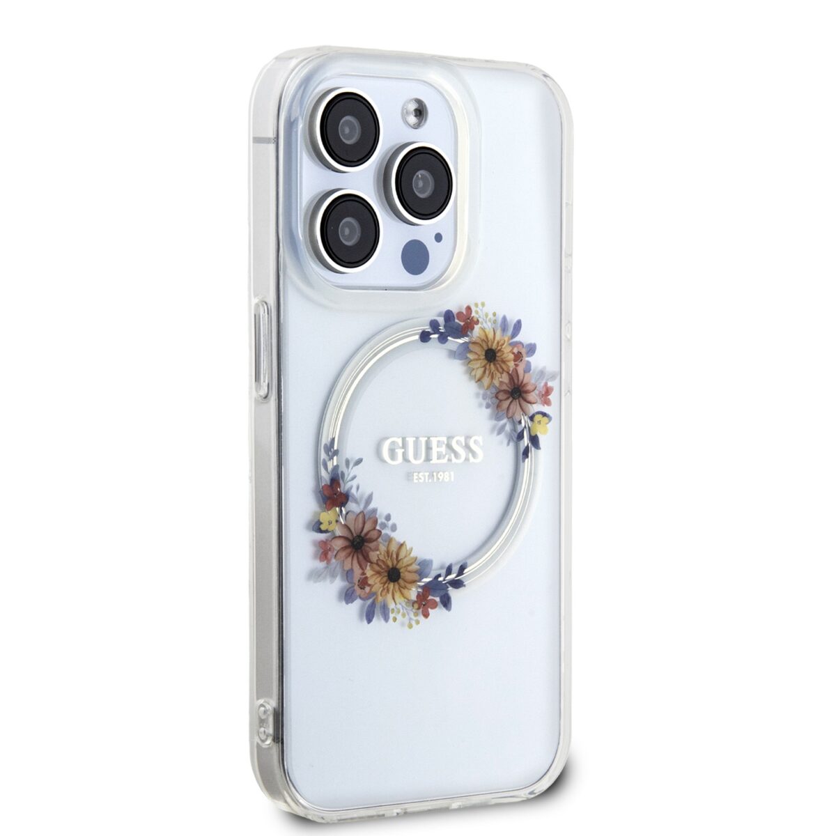 Guess PC/TPU Flowers Ring Glossy Logo MagSafe Transparent Kryt iPhone 13 Pro Max
