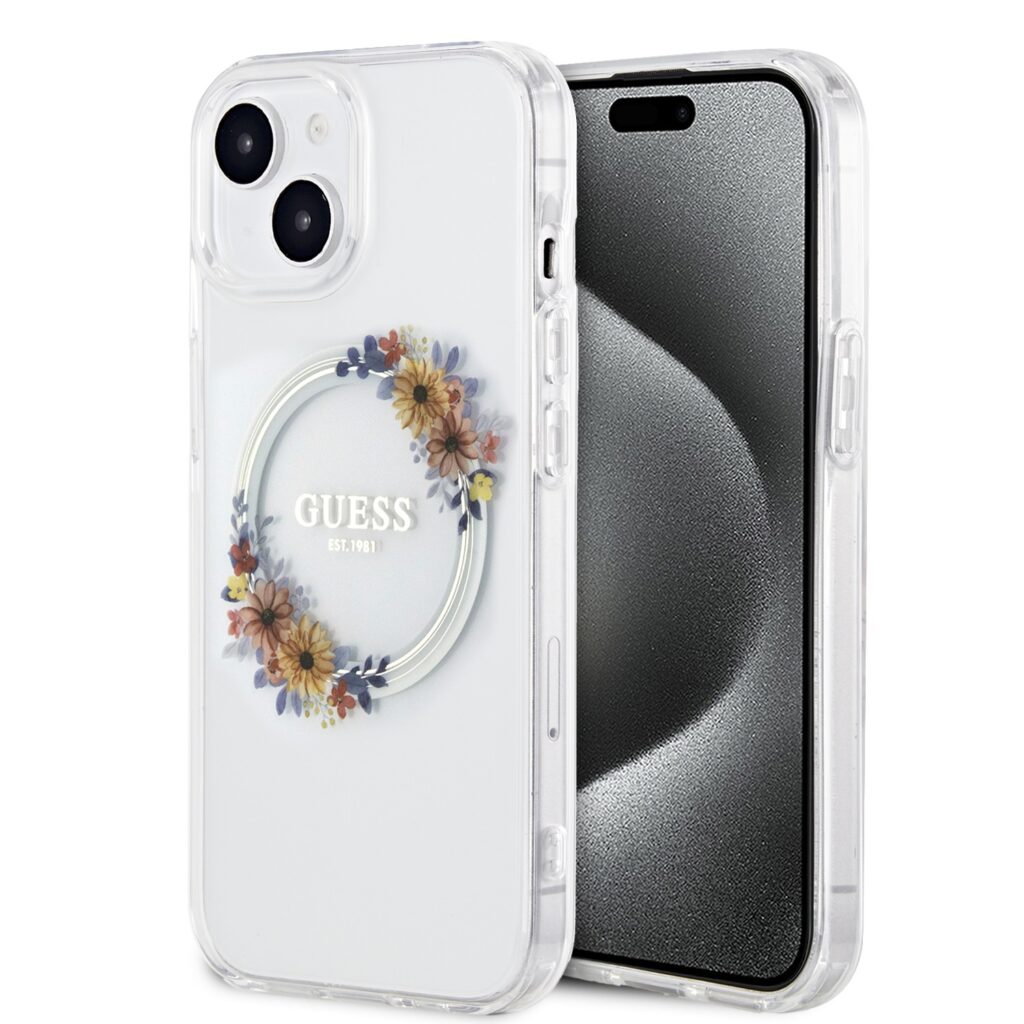 Guess PC/TPU Flowers Ring Glossy Logo MagSafe Transparent Kryt iPhone 14