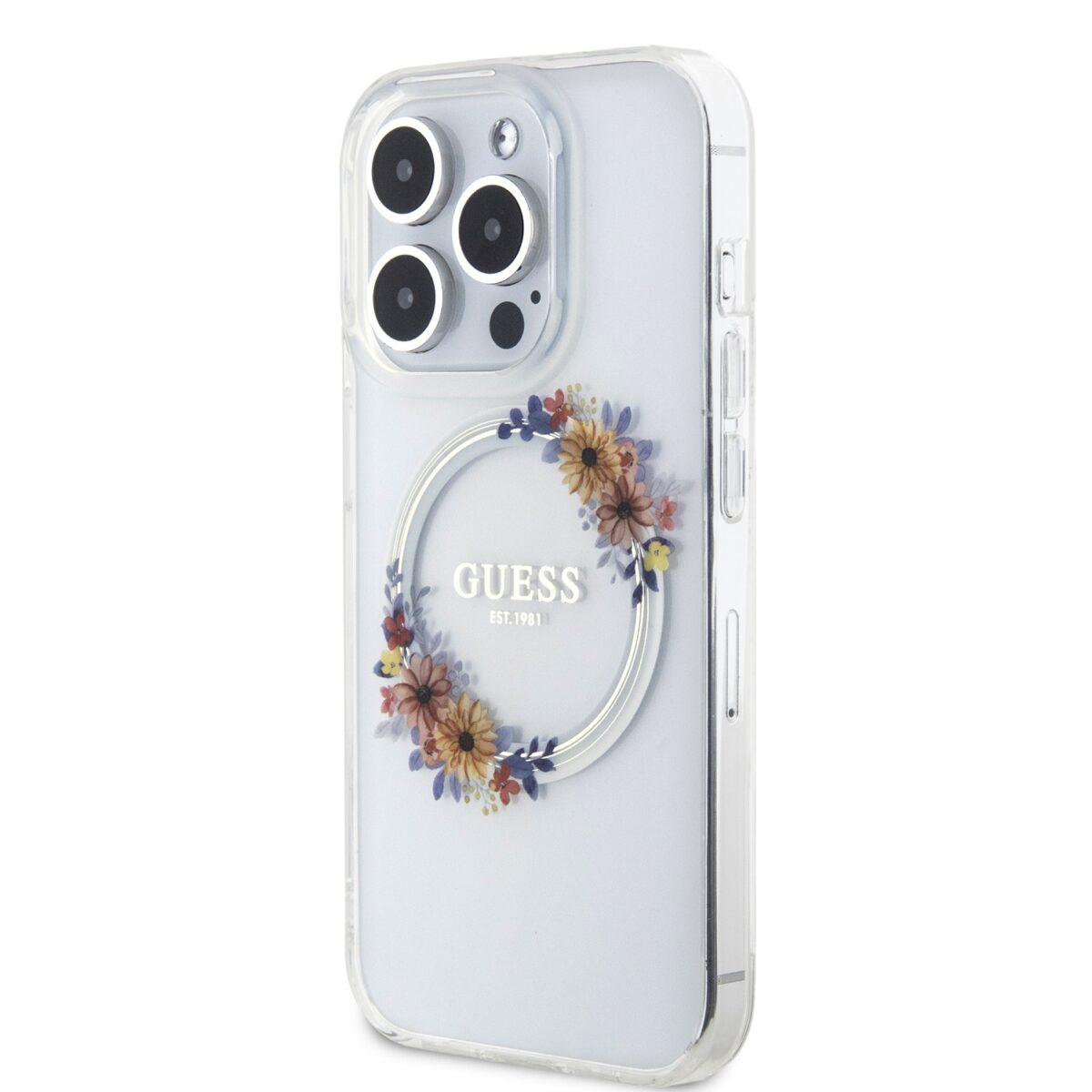 Guess PC/TPU Flowers Ring Glossy Logo MagSafe Transparent Kryt iPhone 14 Pro Max