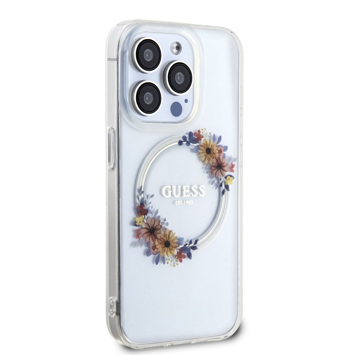 Guess PC/TPU Flowers Ring Glossy Logo MagSafe Transparent Kryt iPhone 15 Pro