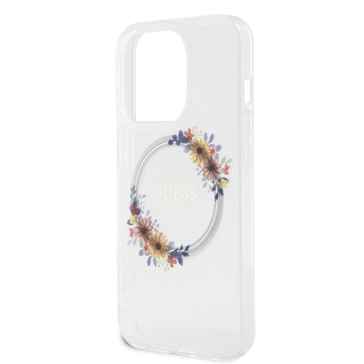 Guess PC/TPU Flowers Ring Glossy Logo MagSafe Transparent Kryt iPhone 15 Pro
