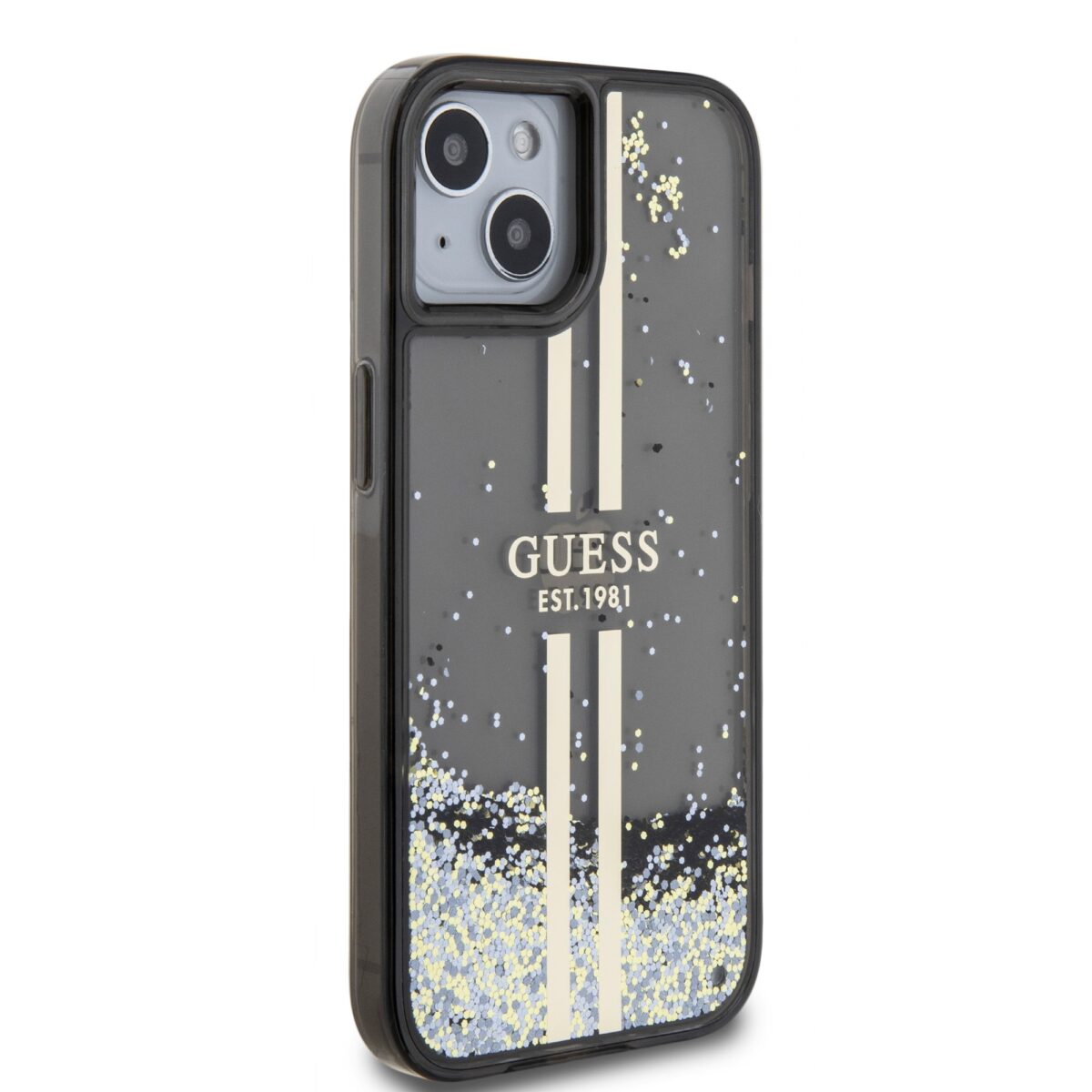 Guess PC/TPU Liquid Glitter Gold Stripe Black Kryt iPhone 15