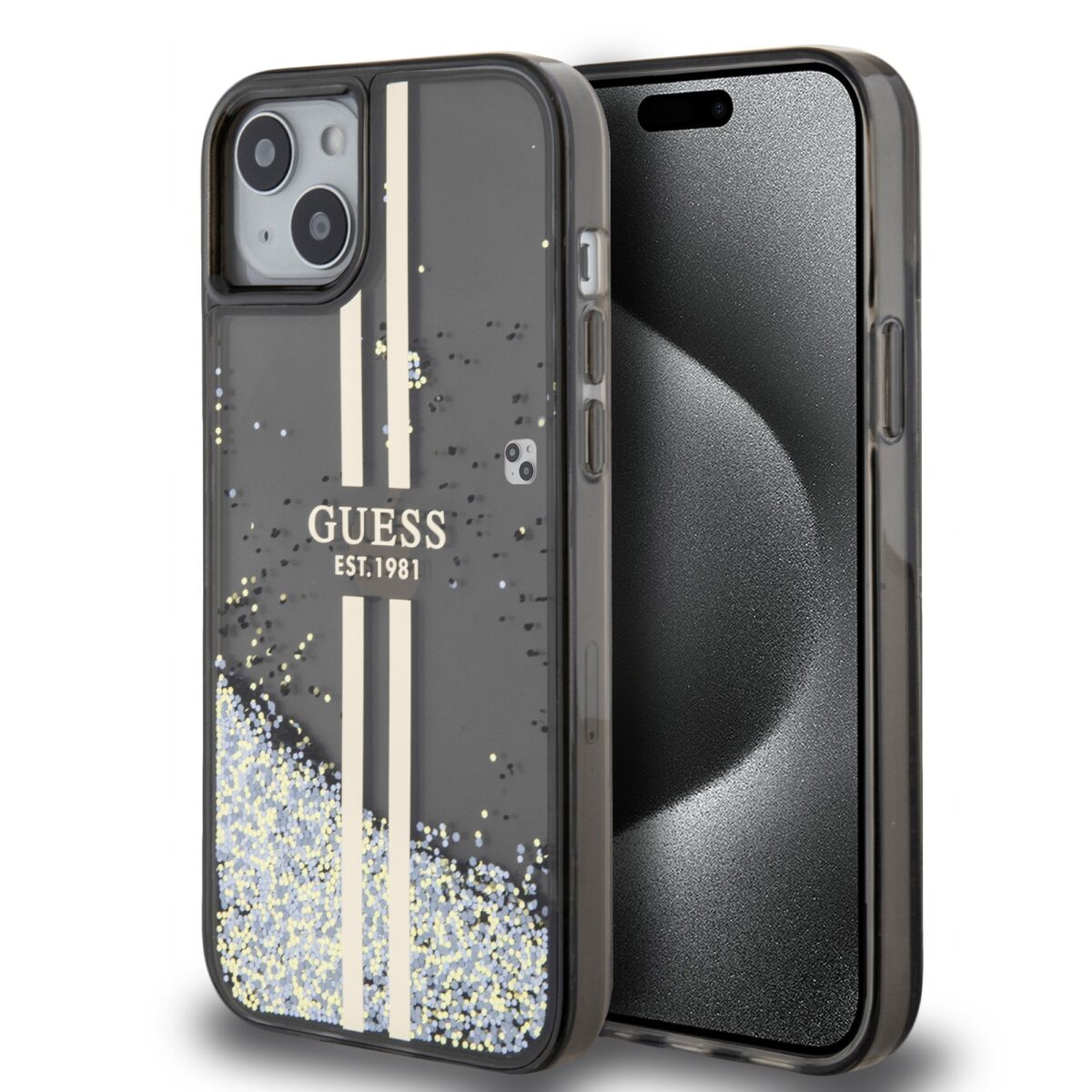 Guess PC/TPU Liquid Glitter Gold Stripe Black Kryt iPhone 15 Plus