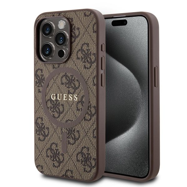 Guess PU Leather 4G Colored Ring MagSafe Brown Kryt iPhone 15 Pro
