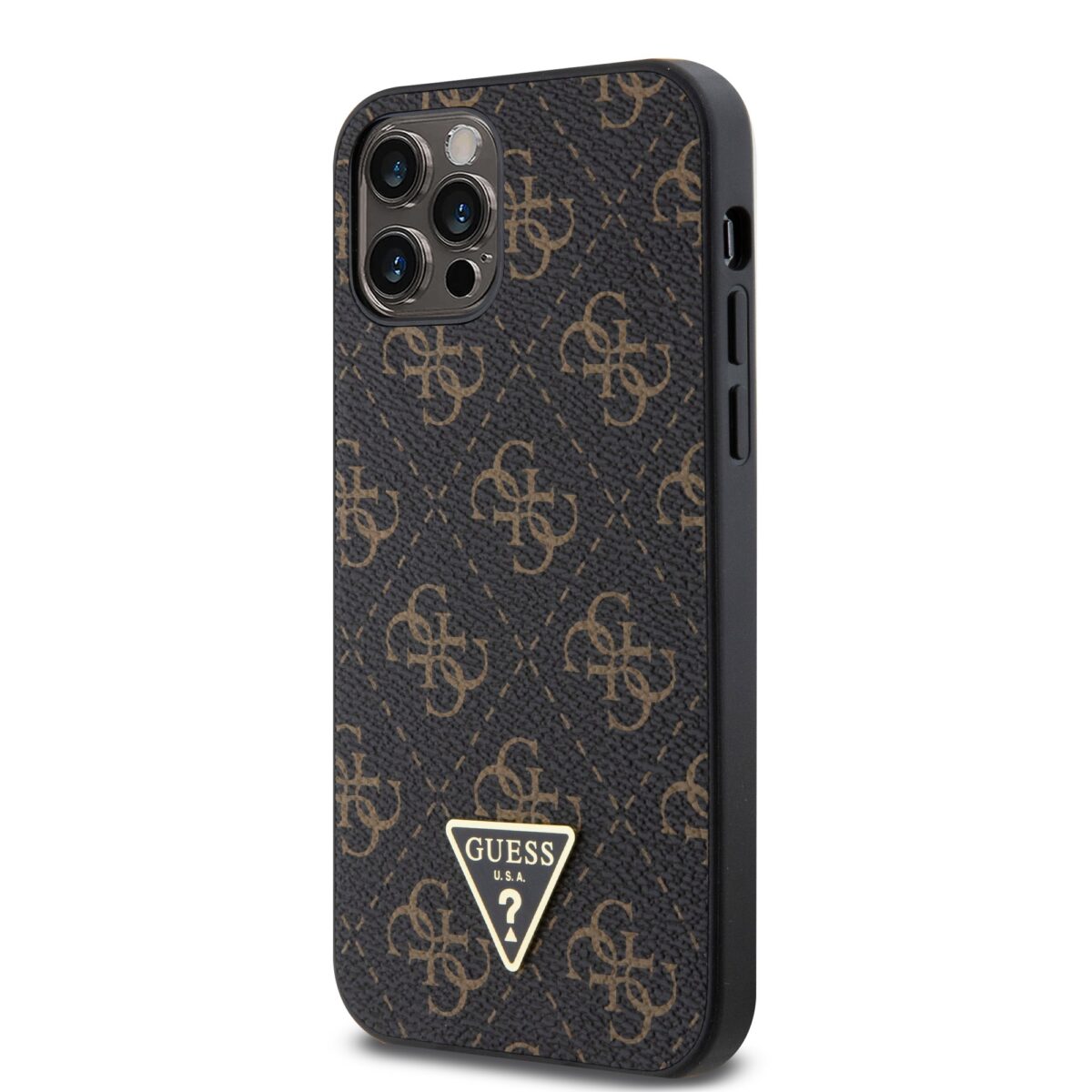 Guess PU Leather 4G Triangle Metal Logo Black Kryt iPhone 12/12 Pro