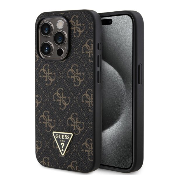 Guess PU Leather 4G Triangle Metal Logo Black Kryt iPhone 15 Pro