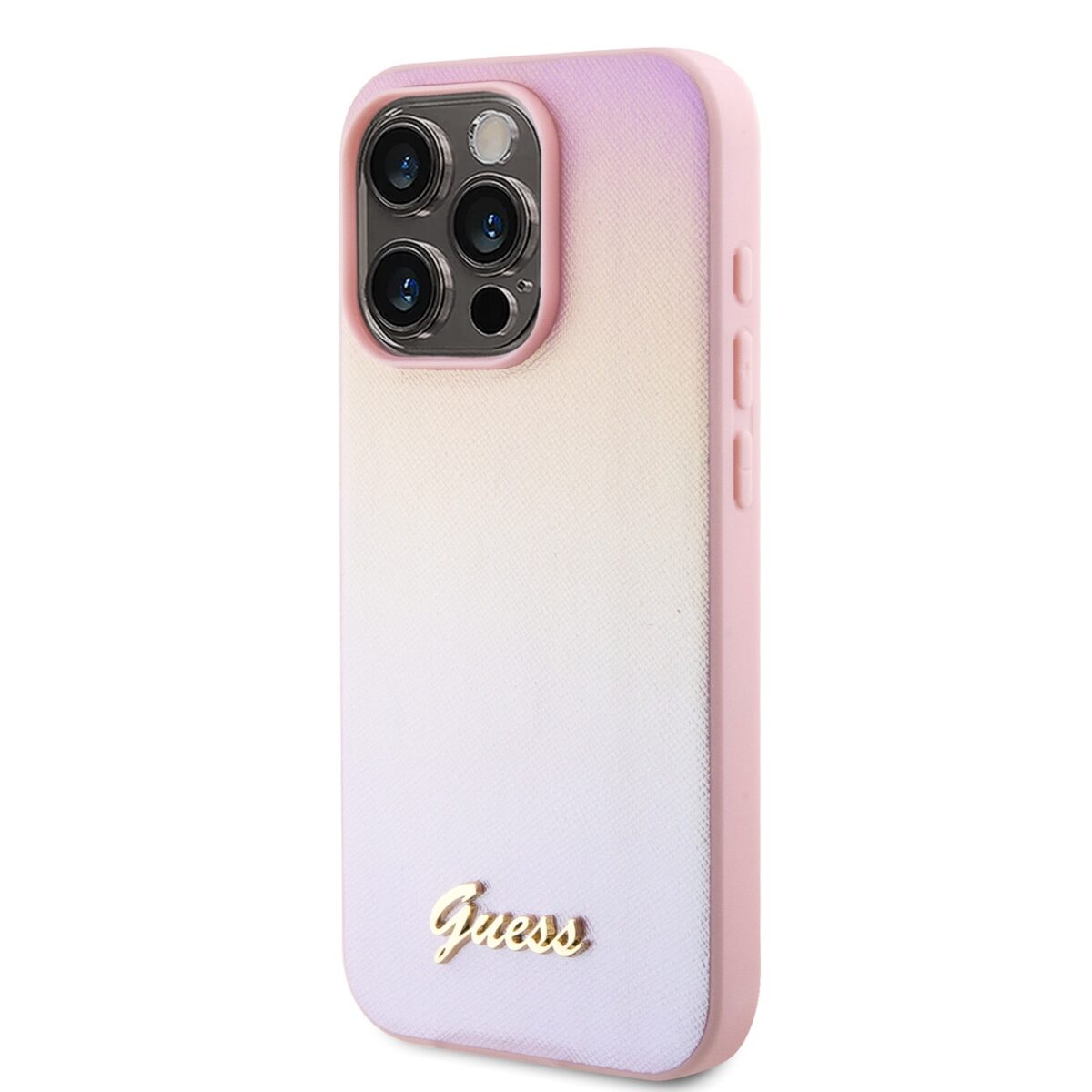Guess PU Leather Iridescent Metal Script Pink Kryt iPhone 15 Pro