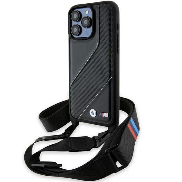 BMW BMHCP15L23PSCCK Black Hardcase M Edition Carbon Stripe & Strap Kryt iPhone 15 Pro