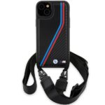 BMW BMHCP15M23PSVTK Black Hardcase M Edition Carbon Tricolor Lines & Strap Kryt iPhone 15 Plus